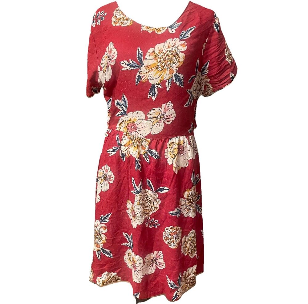 Roxy Hello Cilento Floral Dress L Tomato Red Open Back Tie Cutout Boho Twee Y2K